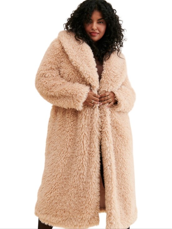 Eloquii Jackets & Blazers - Eloquii Plush Faux Shearling Long Coat - Beige Plus Size 18 20 2X